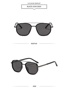 Front and side views of black and gun-gray aviator sunglasses with a double-bridge frame