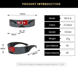 Detailed size specifications for futuristic shield sunglasses with 163mm width and PC frame
