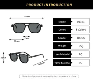 Detailed size guide for classic square double-bridge sunglasses with PC frame measurements