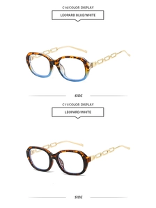 Detail view of stylish small frame sunglasses with gold chain temples in C10 and C11 leopard