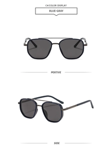 Front and side views of vintage blue-gray pilot sunglasses with double metal bridge
