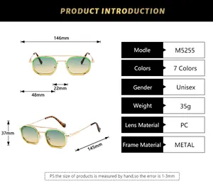 Detailed size chart for retro polygonal double bridge sunglasses with metal frame dimensions