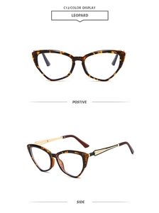 Detailed front and side view of leopard cat-eye sunglasses with golden metal temples
