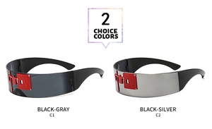 Detail view of cyberpunk futuristic oversized shield sunglasses in black and silver finishes