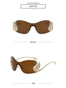 Detail of Gold-Tea rimless sunglasses with swan-shaped rhinestone temples in two views