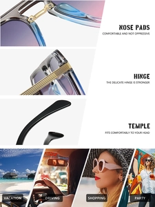 Detail view of reinforced hinges, nose pads, and temple tips on stylish square sunglasses