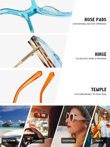 Detail of square sunglasses showing integrated nose pads, metal hinges, and usage scenarios