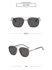 Detail view of double bridge aviator sunglasses with gray frames and gray lenses