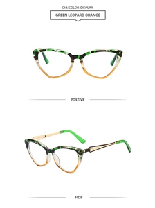 Detailed views of cat eye sunglasses with green leopard frames and orange temples