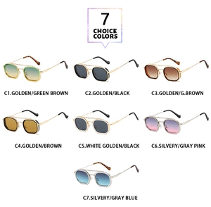 Detail showing seven color options for retro square double-bridge sunglasses with metallic frames