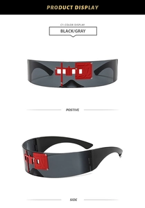 Detail view of futuristic wrap sunglasses featuring red Chinese characters and black frame