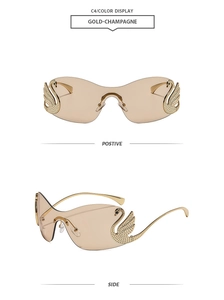 Detail of rimless sunglasses featuring champagne lenses and crystal swan-shaped temples