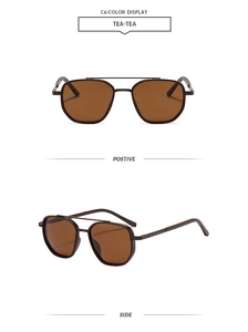 Front and side views of vintage tea-colored double-bridge aviator metal sunglasses