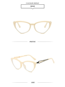 Detail view of beige cat eye sunglasses with black and gold temples from front and side angles