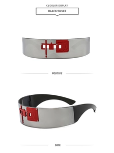 Close-up of futuristic silver mirrored visor sunglasses with red 3D relief text