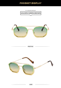 Detailed views of gold double-bridge sunglasses with green and brown gradient lenses