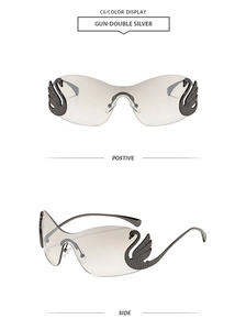 Detail view of grey gradient rimless sunglasses with swan shaped temple ornaments