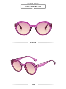 Détails des vues de face et de profil des lunettes de soleil rondes violettes translucides