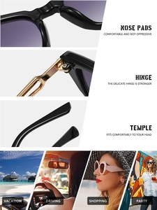 Detail of reinforced metal hinges and integrated nose pads on black cat-eye sunglasses