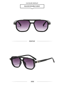 Detail of vintage square aviator sunglasses with gold arrow hinges and purple lenses