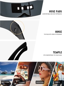 Detail view of stylish black oversized sunglasses with integrated nose pads and metal hinges