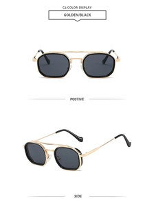 Front and side views of vintage double bridge polygon sunglasses with gold and black frames