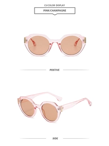 Vues de face et de profil de lunettes de soleil rondes roses avec monture en plastique léger
