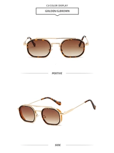 Detail view of retro double bridge sunglasses with tortoise shell texture and brown lenses