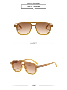 Detail view of tea brown double bridge aviator sunglasses with gold metal accents