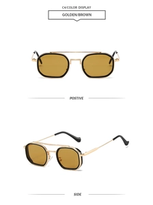 Detailed views of retro double-bridge polygon sunglasses with gold frames and brown lenses
