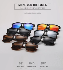 Collection of seven square frame sunglasses with various colorful mirror lenses