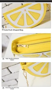 Detail of lemon-shaped crossbody bag showing metal zipper and embroidery texture