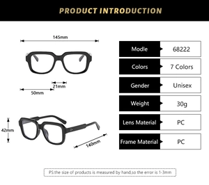 Size chart for vintage square frame glasses showing full dimensions and PC material specs