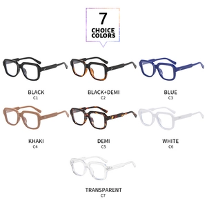Detailed view of seven color options for square frame fashion glasses in a flat layout