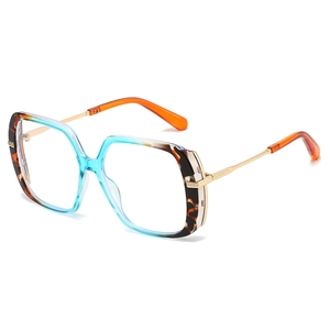Modern square oversized sunglasses in blue gradient pattern with slim gold metal temples