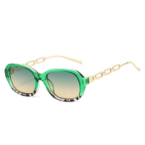 Green trendy small frame sunglasses with chunky gold chain metal temples and gradient lens