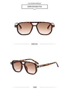 Detail of retro square sunglasses in demi tortoise shell with double tea gradient lenses