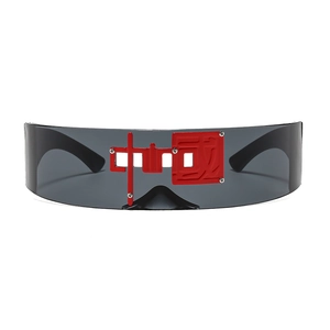 Cyberpunk one-piece oversized sunglasses with red Chinese character decor on dark lens