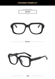 Detail view of black square frame glasses featuring triple rivet metal accents on the side
