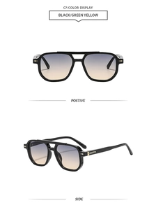 Detail view of double bridge sunglasses with gradient lenses and gold temple accents