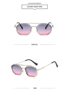 Detail of silver polygon sunglasses with purple-pink gradient lenses from dual angles