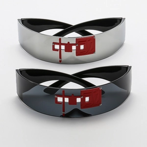 Futuristic oversized wraparound sunglasses with red Chinese character metal emblem
