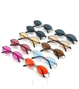 Detailed display of vintage oval metal sunglasses in seven vibrant trendy colors