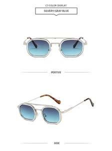 Detail of silver double bridge sunglasses with gray blue gradient lenses and tortoiseshell tips