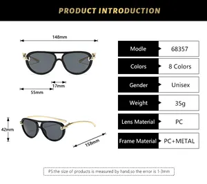 Detailed size chart and specifications for retro double-bridge pilot sunglasses