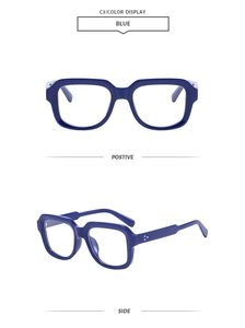Front and side views of blue thick square frames with three-dot metal accents