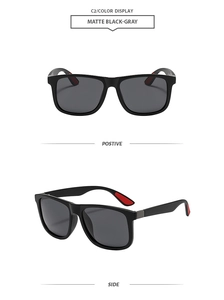Matte black square sunglasses with grey lenses and red non-slip inner temple pads
