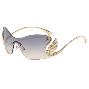 Fashionable rimless oversized gradient sunglasses with gold swan rhinestone detail