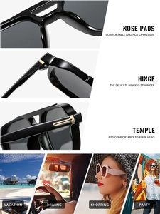 Detail view of reinforced metal hinges and comfortable nose pads on black square sunglasses