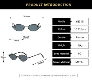 Size chart showing 145mm width and technical specs for metal oval sunglasses